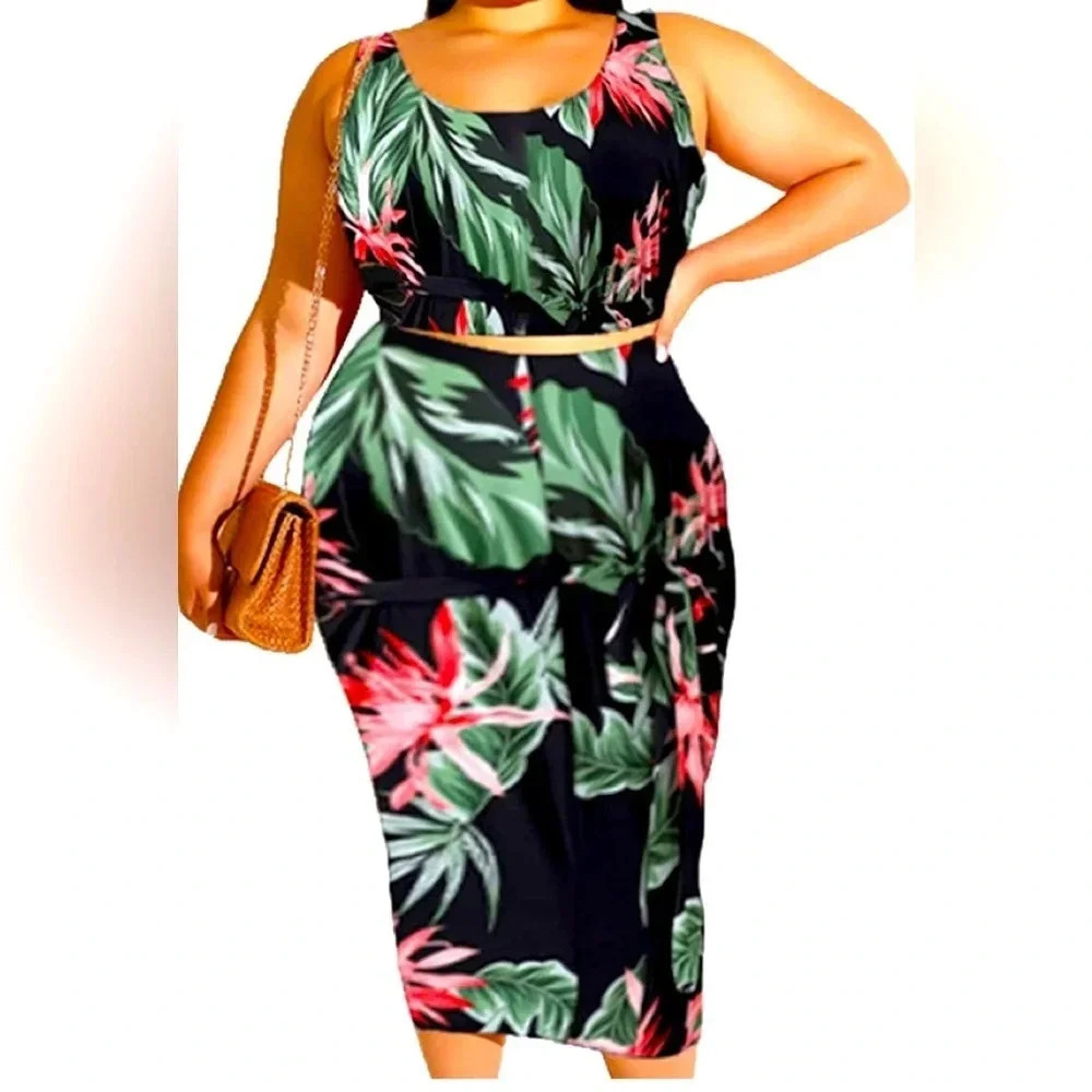 Lexiart Stretchy 2 Piece Dresses Bodycon Tanks Crop Top Bandage Midi Ski…